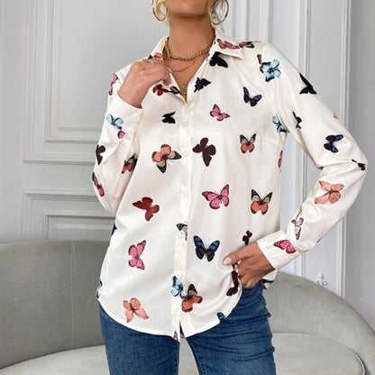 Dam Skjorta Långärmad Polyester med Fjärils- och Hjärttryck-4