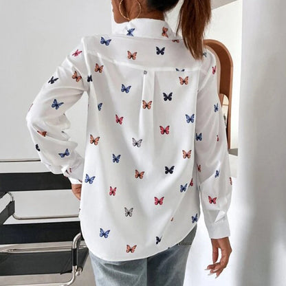 Dam Skjorta Långärmad Polyester med Fjärils- och Hjärttryck-5