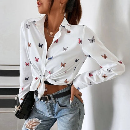 Dam Skjorta Långärmad Polyester med Fjärils- och Hjärttryck-6