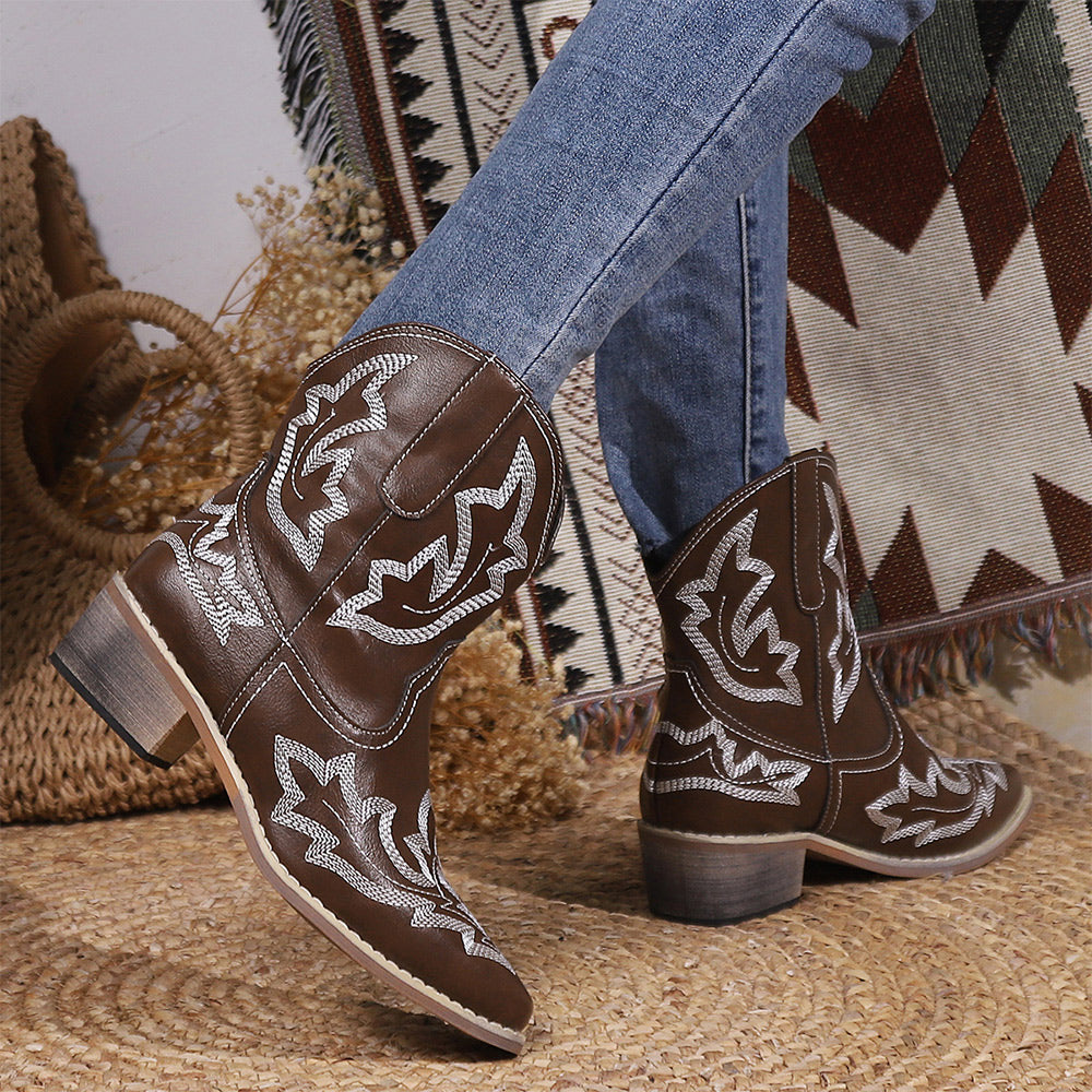 Kvinnors Läderstövlar Med Broderad Spets Tjock Häl Syntetiskt PU-3