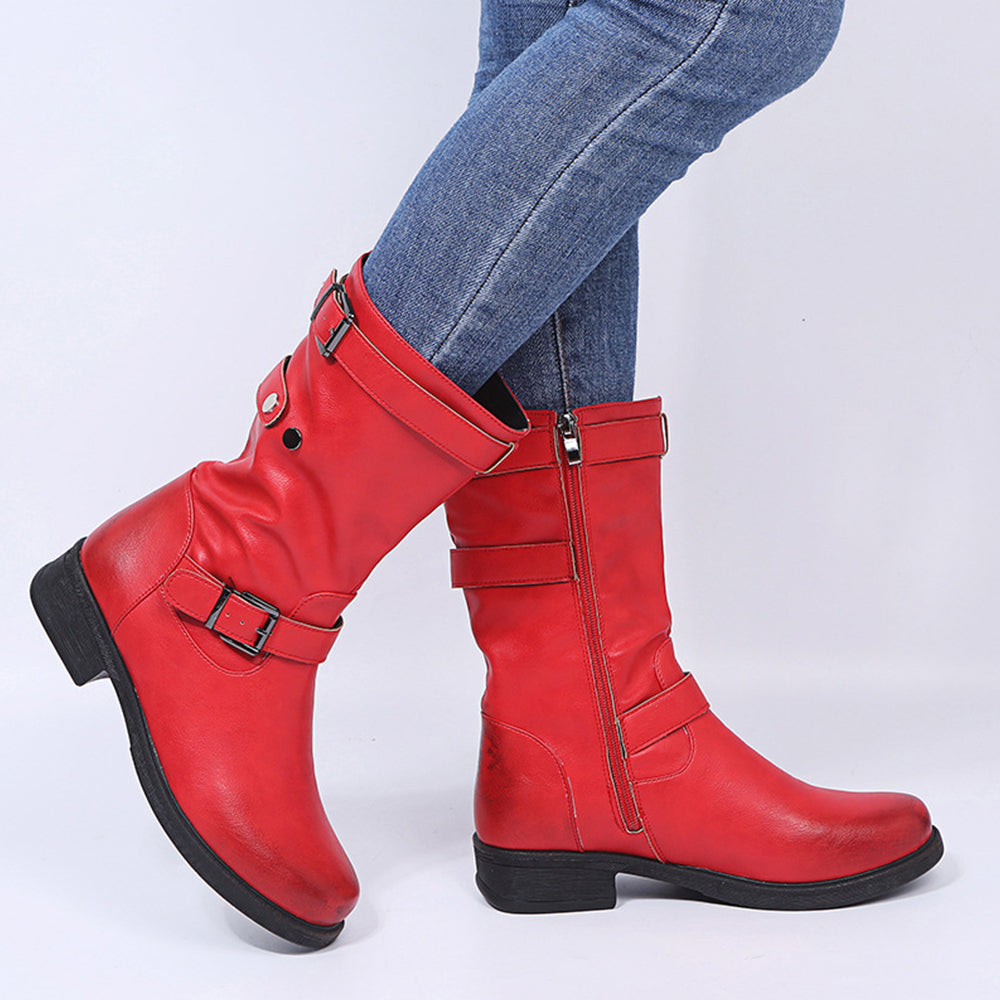 Damstövlar Läder med Bältesspänne Fyrkantig Tå och Låg Häl-6