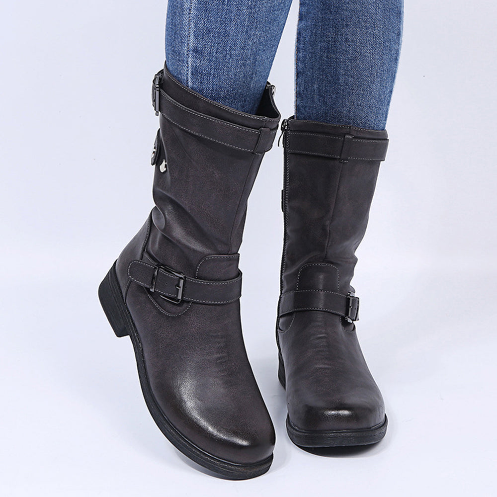 Damstövlar Läder med Bältesspänne Fyrkantig Tå och Låg Häl-3