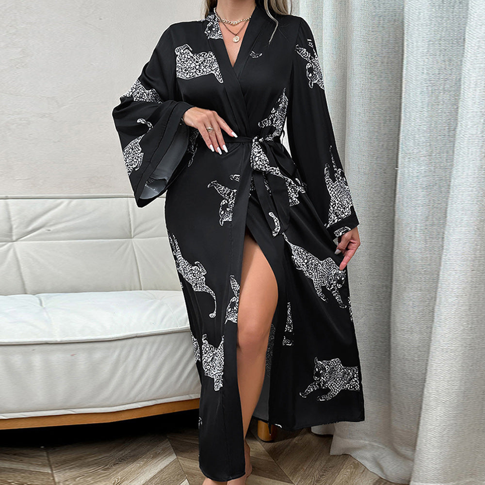 Dam Loungewear Långärmad Satin Leopardmönster-2