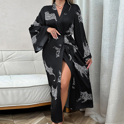 Dam Loungewear Långärmad Satin Leopardmönster-2