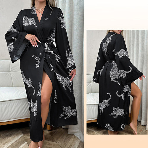 Dam Loungewear Långärmad Satin Leopardmönster-1