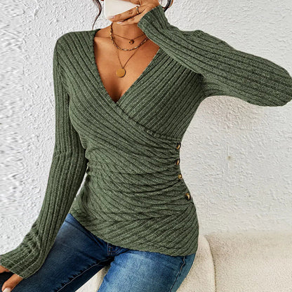 Kvinnors Långärmad Topp V-ringning Mjuk Bomull och Polyester-2