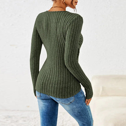 Kvinnors Långärmad Topp V-ringning Mjuk Bomull och Polyester-4