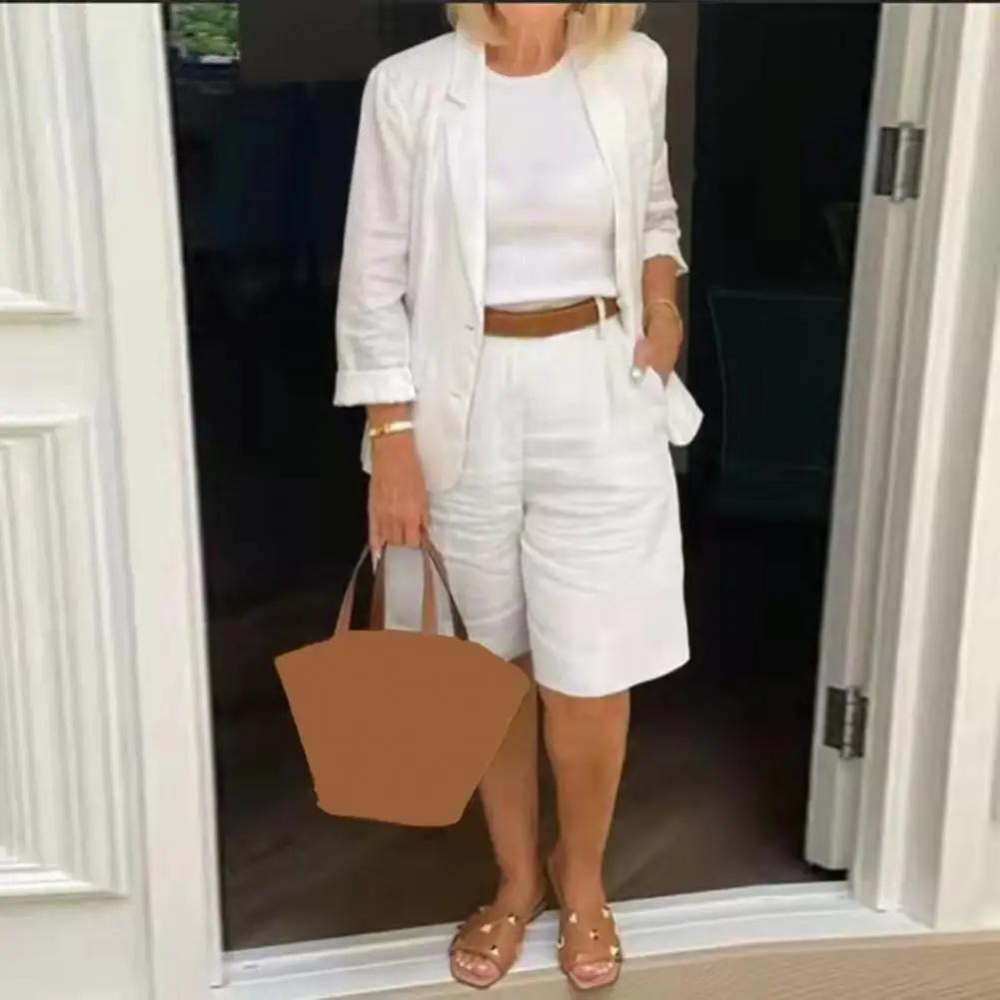 Kvinnors Blazer Shorts Set Elegant Bomull-2