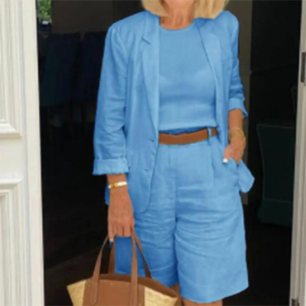 Kvinnors Blazer Shorts Set Elegant Bomull-3