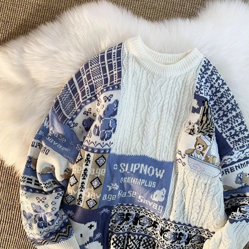 Dam Tröja Rollkrage Patchwork Nallebjörnmotiv Akryl-3