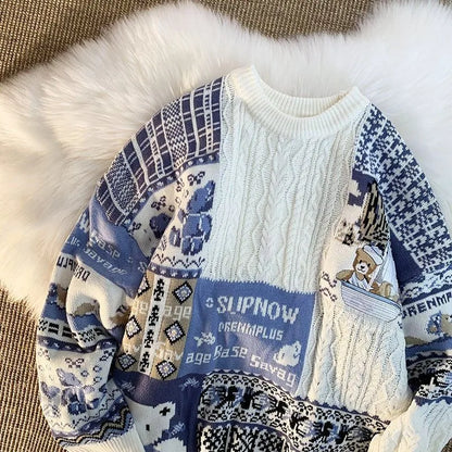 Dam Tröja Rollkrage Patchwork Nallebjörnmotiv Akryl-3