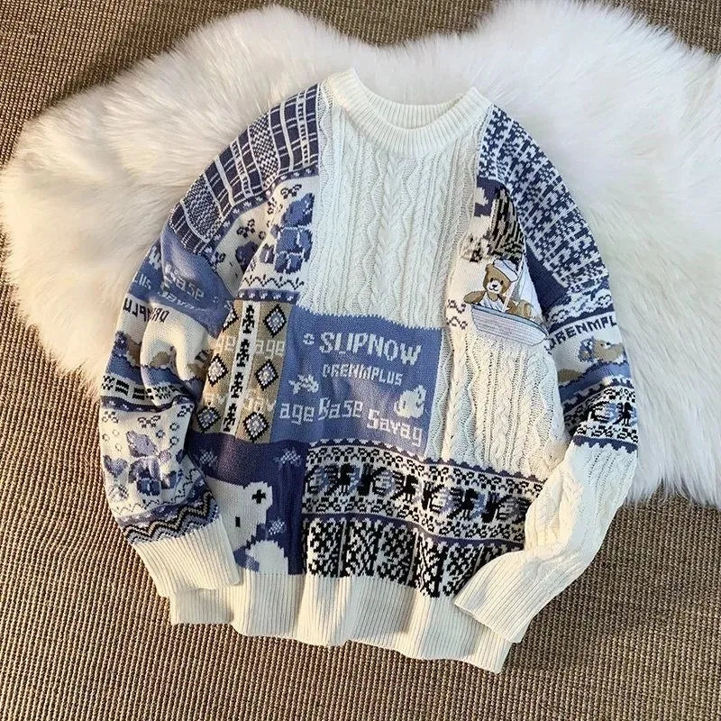 Dam Tröja Rollkrage Patchwork Nallebjörnmotiv Akryl-1