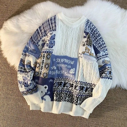 Dam Tröja Rollkrage Patchwork Nallebjörnmotiv Akryl-1