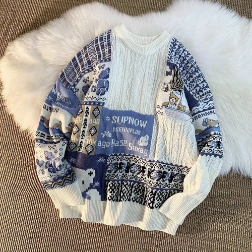 Dam Tröja Rollkrage Patchwork Nallebjörnmotiv Akryl-1