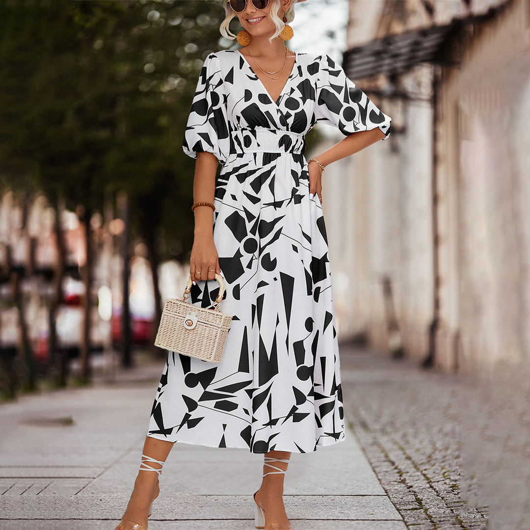 Kvinnors Midi Klänning V-ringning Polyester med Puffiga Ärmar-5