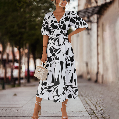 Kvinnors Midi Klänning V-ringning Polyester med Puffiga Ärmar-6