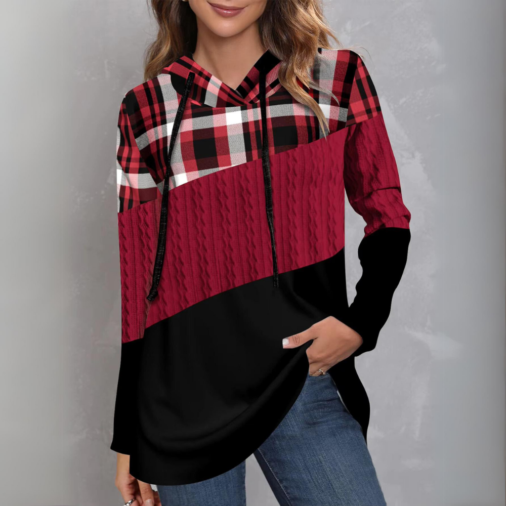Hoodie Dam Rutig Mjuk Bomull Avslappnad Passform-2