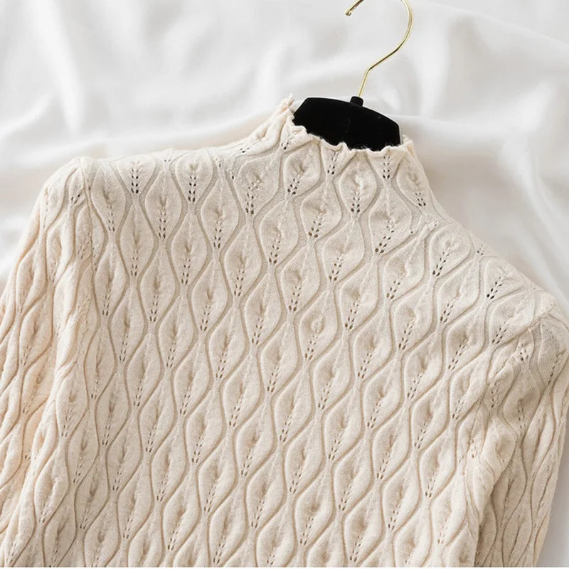 Dam Turtleneck Tröja Fläta i Kinddetalj Mjuk Nylon Polyester Viskos-2