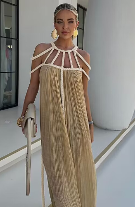 Dam Maxiklänning Draperad Linne för Sommarens Evenemang-4