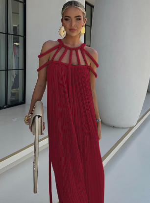 Dam Maxiklänning Draperad Linne för Sommarens Evenemang-2