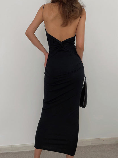 Kvinnors Midi Klänning Spaghettiband Öppen Rygg Andningsbart Tyg-4