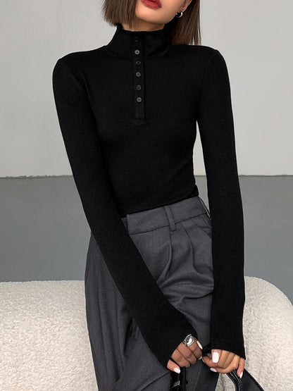 Dam Tröja Rollkrage med Knappdetaljer i Rayon och Elasthan-5