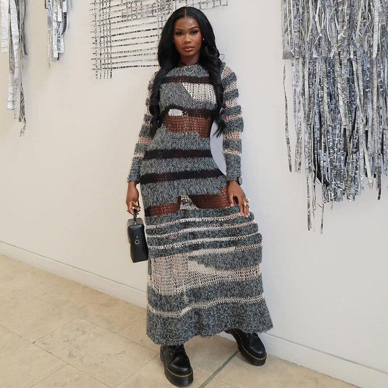 Dam Maxiklänning Randigt Mönster 100% Polyester Hög Midja-1