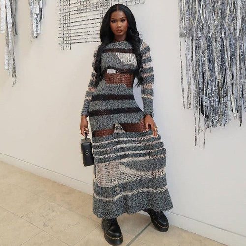 Dam Maxiklänning Randigt Mönster 100% Polyester Hög Midja-1