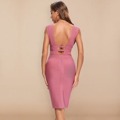 Dam Midi Klänning V-ringad Smal Nylon med Utskärningar-2