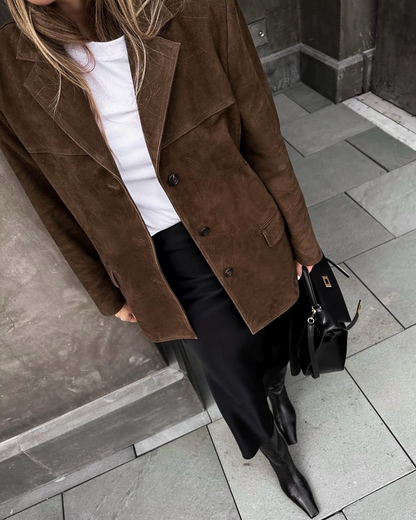 Dam Blazer Modern Vild Läderutseende Chic Tidlös Design-4