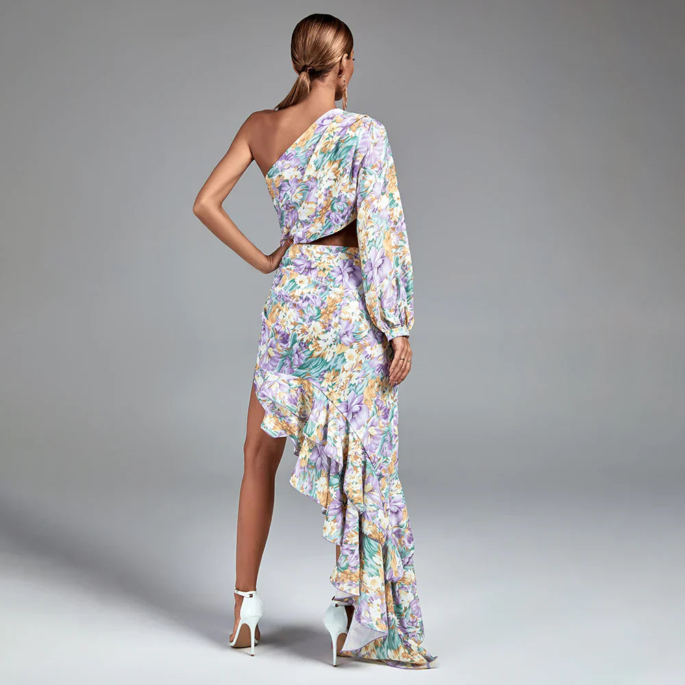 Kvinna Klänning med Utskärningar Blommönster Stretchmaterial-5