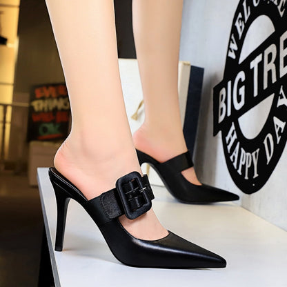 Dam Mules Skor Hög Klack PU-gummi med Spänne Elegant Design-3