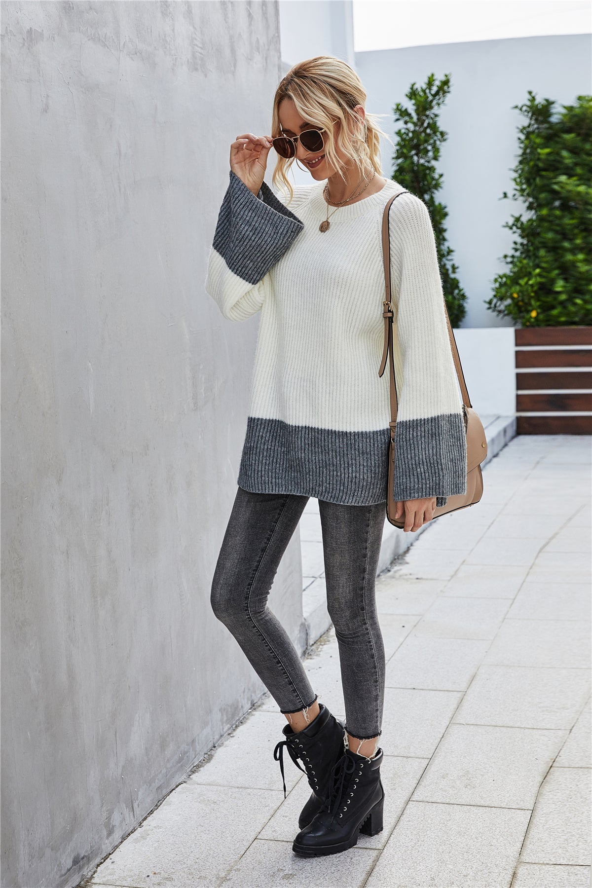 Dam Tröja Lång Ärmar Patchwork Polyester-6