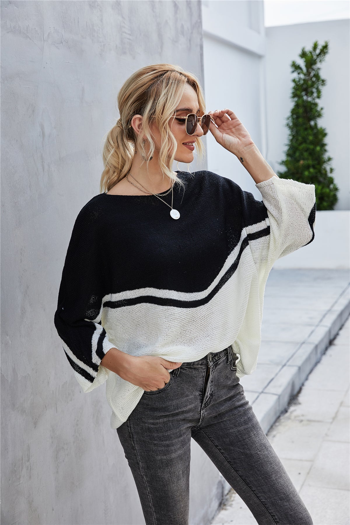 Dam Tröja Patchworkdesign med Stora Ärmar i Polyester-4