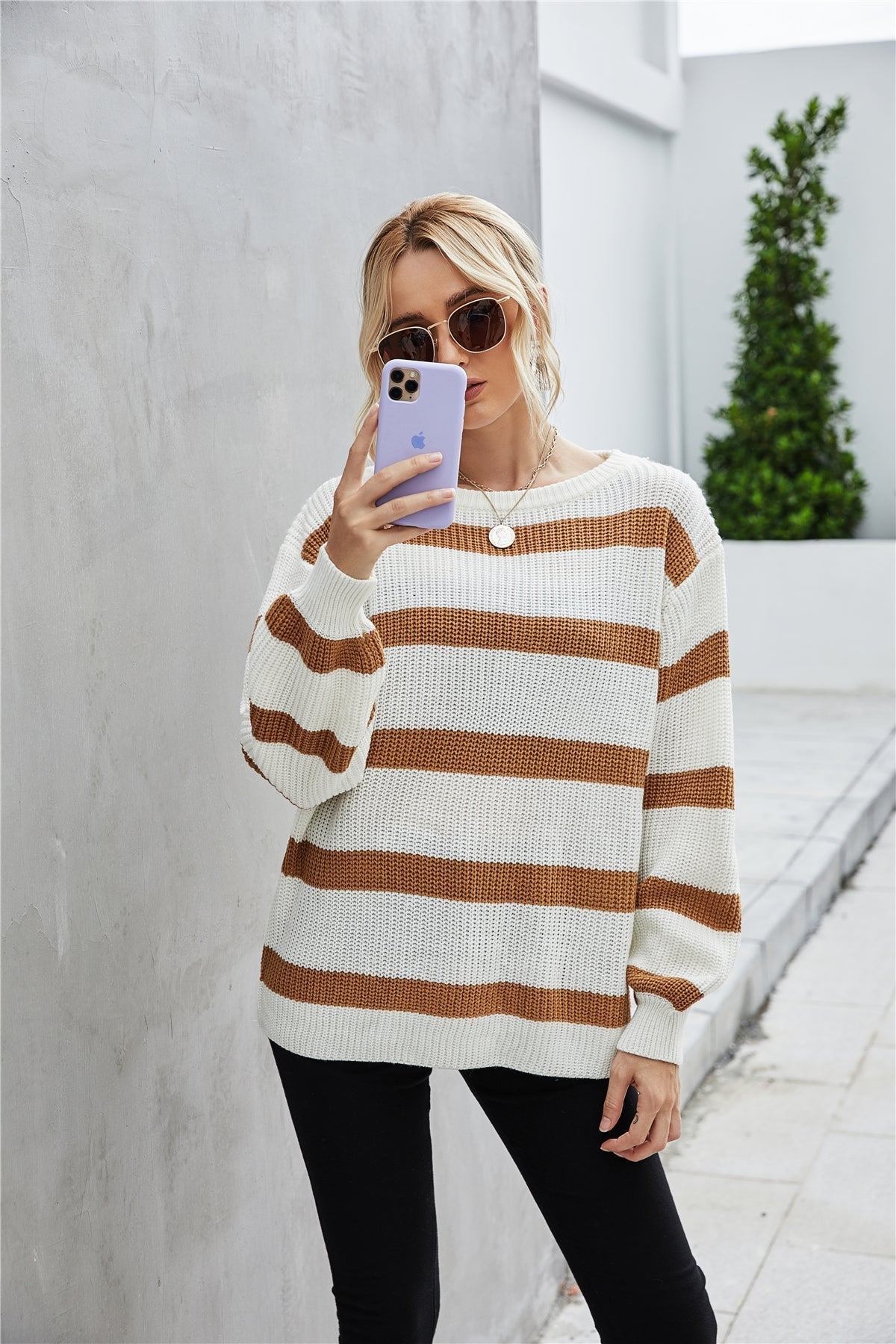 Dam Tröja Rund Nacke Randig Polyester Lång ärm-2