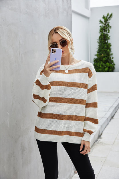 Dam Tröja Rund Nacke Randig Polyester Lång ärm-1