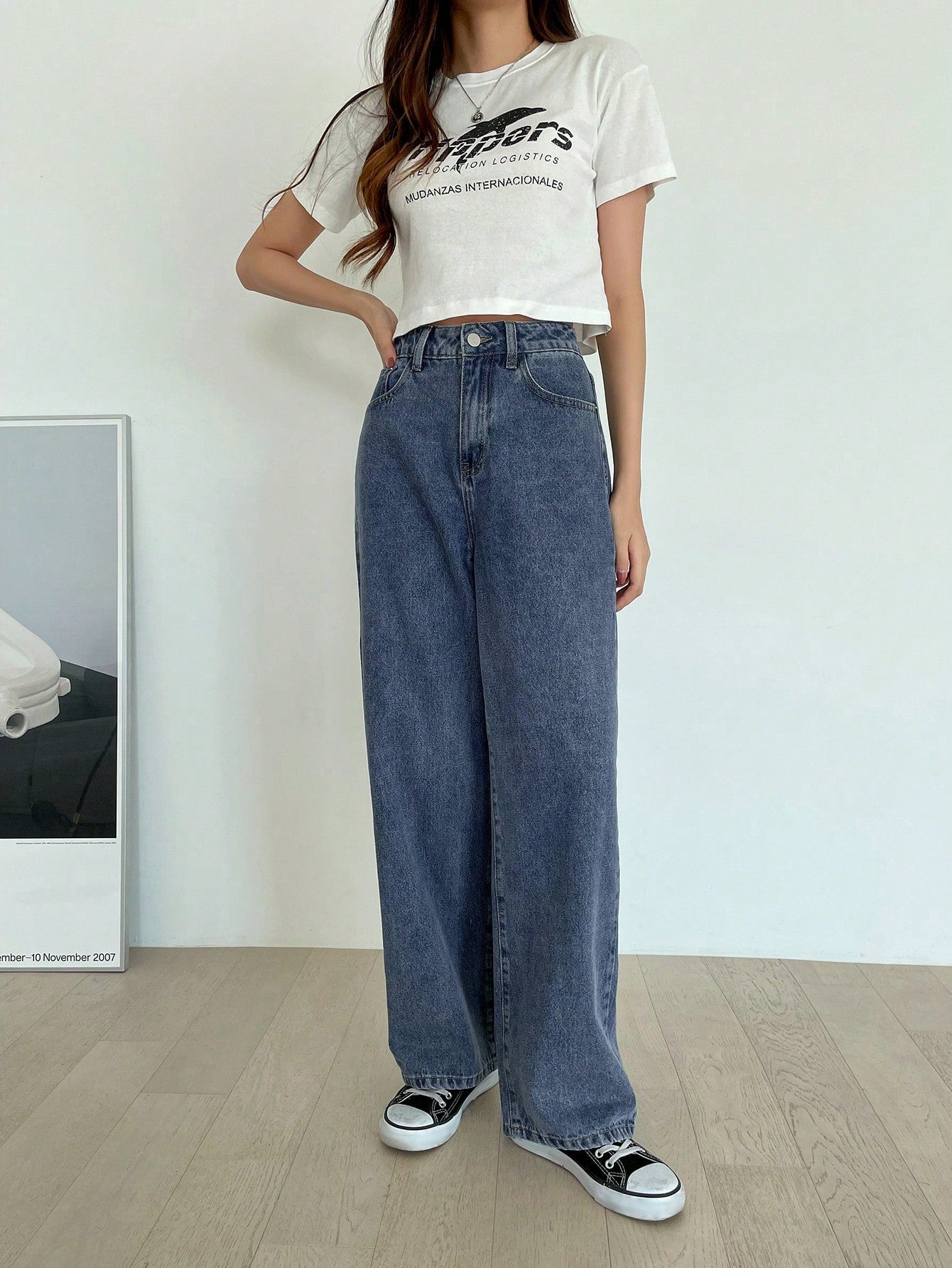 Dam Jeans Hög Midja Lång Loose Fit Denim Elastisk-3