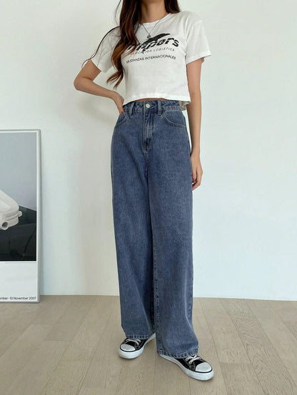 Dam Jeans Hög Midja Lång Loose Fit Denim Elastisk-3