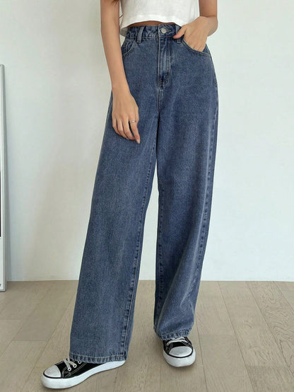 Dam Jeans Hög Midja Lång Loose Fit Denim Elastisk-4