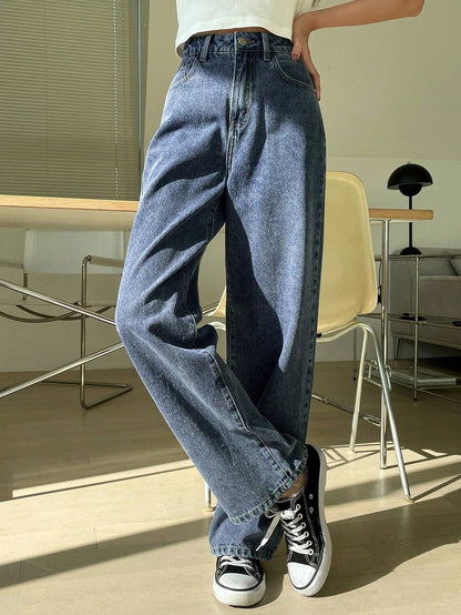 Dam Jeans Hög Midja Lång Loose Fit Denim Elastisk-6