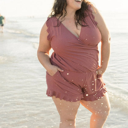 Dam Badkläder V-ringning Ruffles Vattenavvisande Material-5