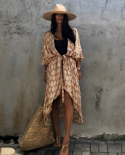 Kvinna Lång Kimono Mönstrad Polyester Bohemisk Stil-1
