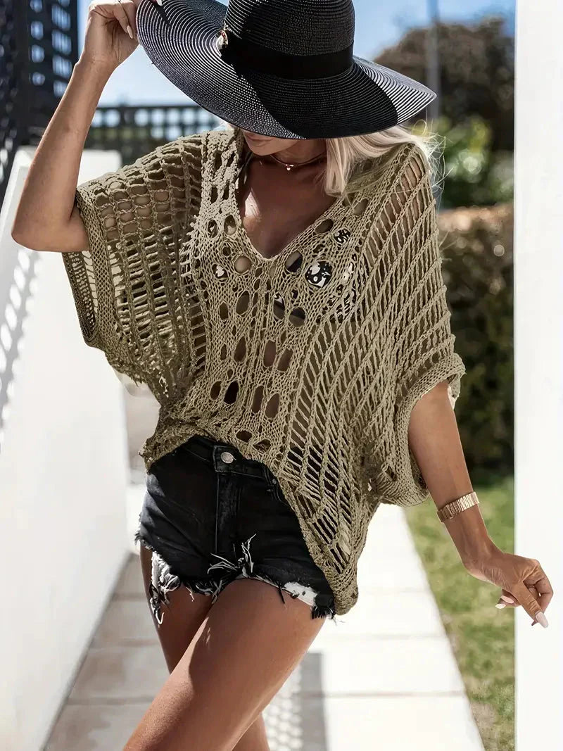 Dam Täckskjorta Boho Stil Virkad Polyester 3