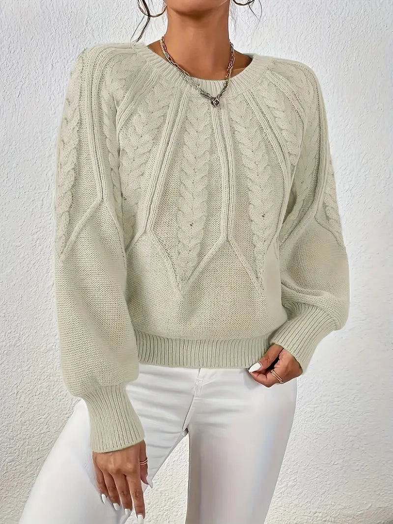 Variant image for Stickad Dam Tröja med Flätmönster och Cirkulär Halsringning-13