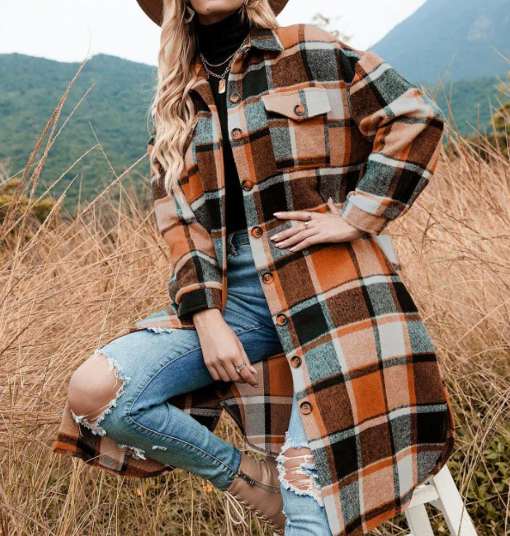 Kvinna Lång Kappa Skjortstil Ullmix-1