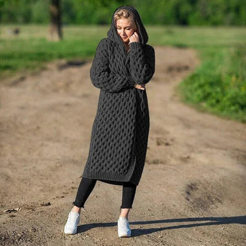 Lång Kofta Dam med Huva och Strukturerat Mönster i Polyester 1