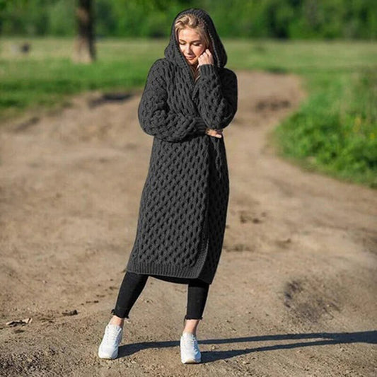 Lång Kofta Dam med Huva och Strukturerat Mönster i Polyester 1