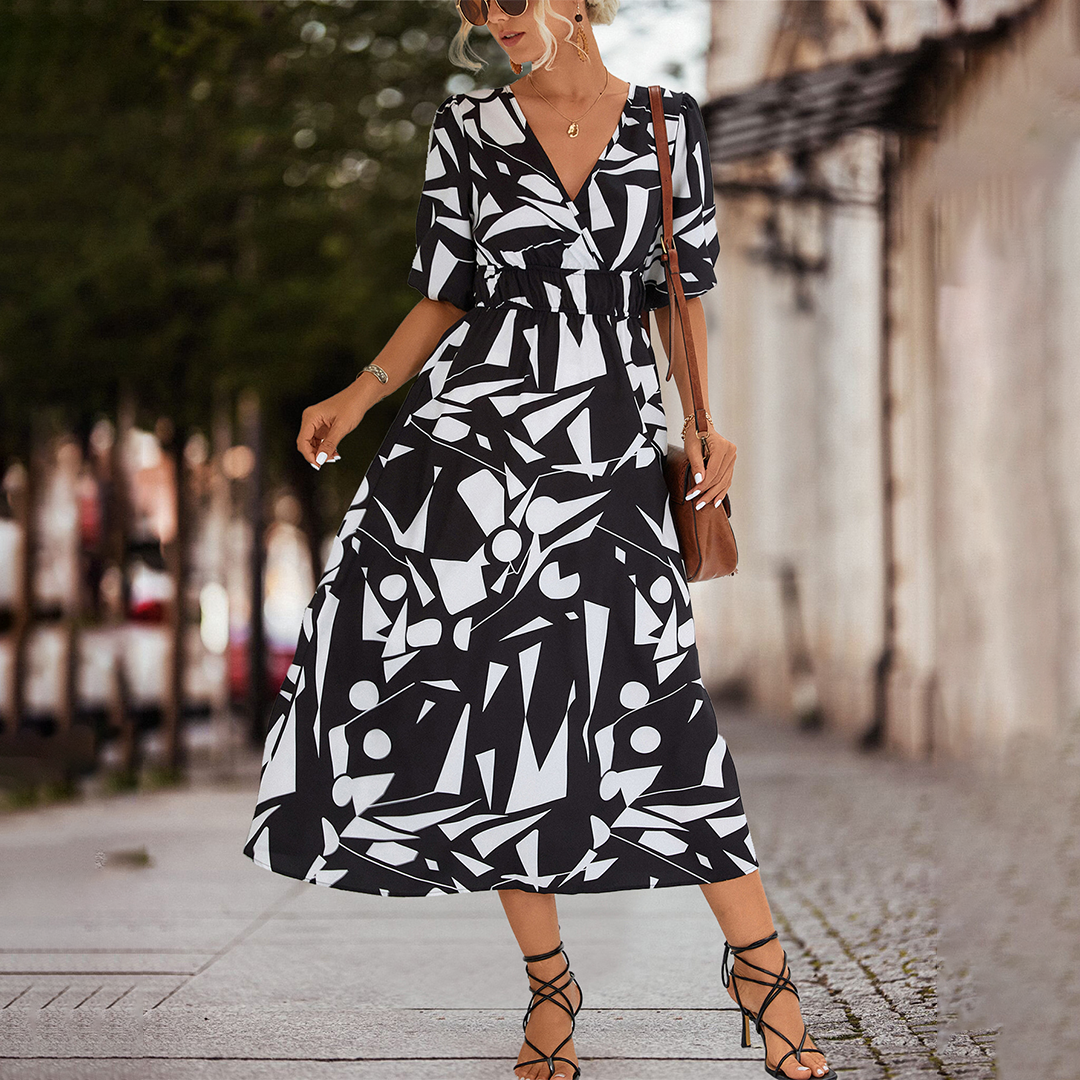 Variant image for Kvinnors Midi Klänning V-ringning Polyester med Puffiga Ärmar-1