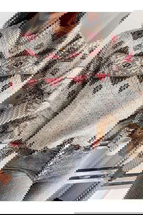 Stickad Dam Tröja Löst Snitt Ullblandning Med Geometriska Detaljer-1