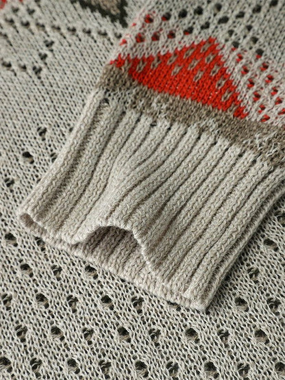 Stickad Dam Tröja Löst Snitt Ullblandning Med Geometriska Detaljer-3